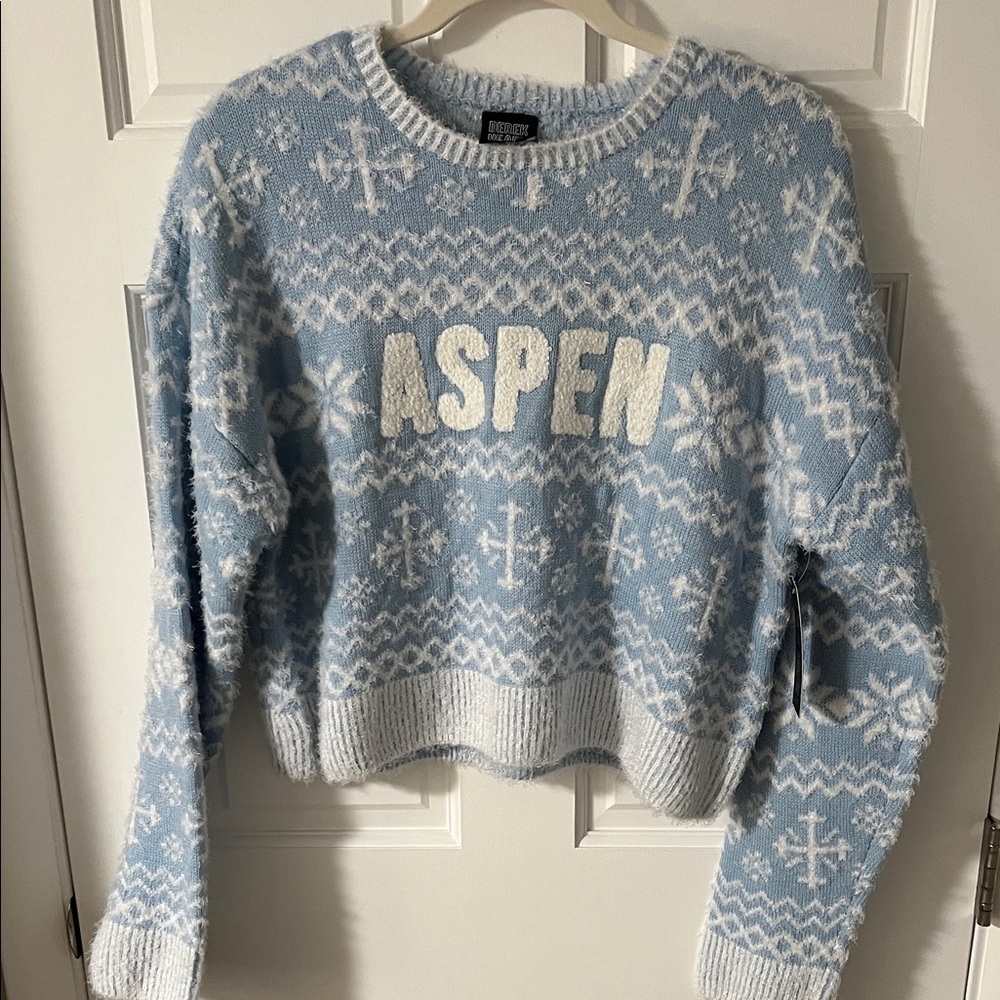 Derek Heart Aspen Light Blue White Snowflakes Knit Pullover Sweater size XL NWT